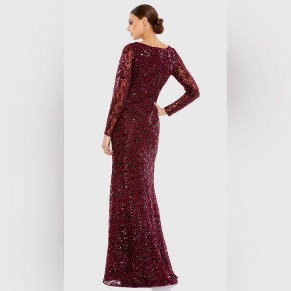 NWT | Mac Duggal 12412 Garnet Red Long Sleeve Sequined V-Neck Gown Size 12 - Picture 5 of 15